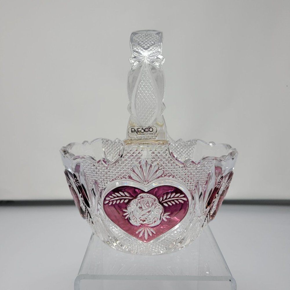 Vintage Enesco‎ Lead Crystal Basket 24% PbO Red Heart Rose Germany Collectible